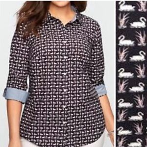 Talbots Shirt Gray Pink Button-Down Swan Print